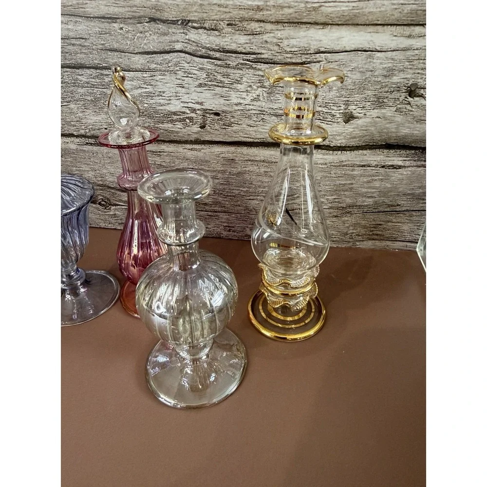 Vintage Egyptian Hand Blown Glass Perfume Bottle Set Etched SEE PICS